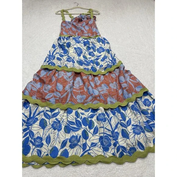 Farm Rio Anthropologie Midi Dress Blue Linen Blend Tiered Rickrack Vacay XL  NWT